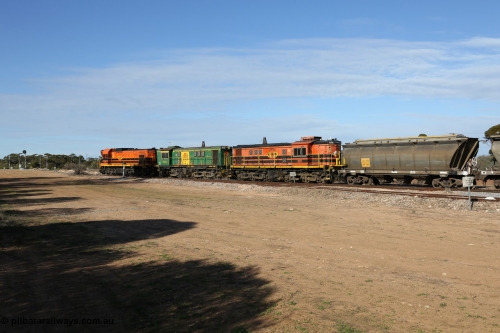 130704 0388
Kyancutta, south bound loaded grain train has stopped here to collect a loaded rack of grain waggons, seen here running out of the 'new grain siding' added in 1970 behind EMD 1204 and twin ALCo 830 units 873 and 851. July 4, 2006.
Keywords: 830-class;851;AE-Goodwin;ALCo;DL531;84137;