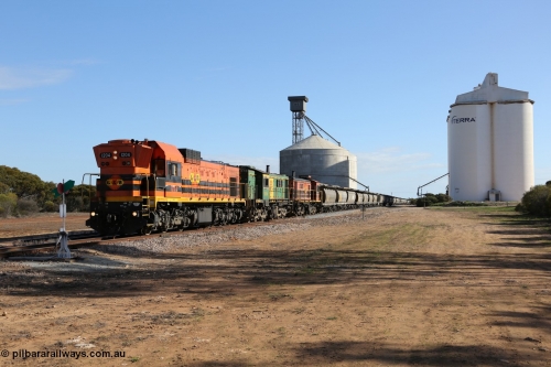 130704 0434
Kyancutta, 1200 class unit 1204 wearing current owner Genesee & Wyoming livery is a Clyde Engineering built EMD G12C model with serial 65-428 heads up a loaded grain train as it undertakes a brake test following shunting to attach a further fourteen waggons. 4th July 2013.
Keywords: 1200-class;1204;Clyde-Engineering-Granville-NSW;EMD;G12C;65-428;A-class;A1514;