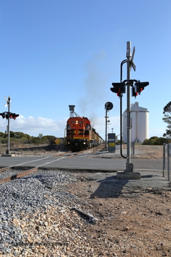 130704 0441
Kyancutta, the south bound loaded grain train gets away from attaching a further fourteen loads here as it is about to cross the Eyre Highway grade crossing with F Type flashing lights. 4th July 2013.
Keywords: 1200-class;1204;Clyde-Engineering-Granville-NSW;EMD;G12C;65-428;A-class;A1514;