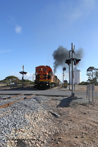 130704 0444
Kyancutta, the south bound loaded grain train gets away from attaching a further fourteen loads here as it is about to cross the Eyre Highway grade crossing with F Type flashing lights. 4th July 2013.
Keywords: 1200-class;1204;Clyde-Engineering-Granville-NSW;EMD;G12C;65-428;A-class;A1514;