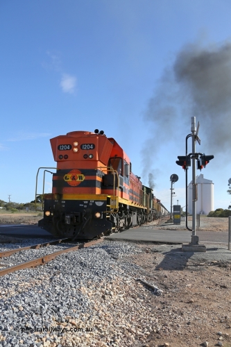 130704 0447
Kyancutta, the south bound loaded grain train gets away from attaching a further fourteen loads here as it crosses the Eyre Highway grade crossing with F Type flashing lights behind 1200 class EMD unit 1204. 4th July 2013.
Keywords: 1200-class;1204;Clyde-Engineering-Granville-NSW;EMD;G12C;65-428;A-class;A1514;