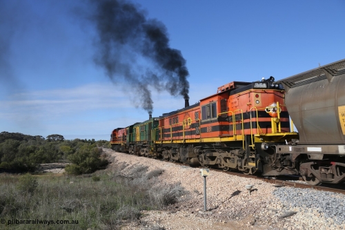 130704 0449
Kyancutta, third unit former Australian National narrow gauge 830 class locomotive 851, an AE Goodwin built ALCo DL531 model with serial 84137 built new for the SAR in 1962 and delivered new to Port Lincoln in April 1962 with current owner livery for Genesee & Wyoming, it has spent it's whole working life on the Eyre Peninsula. 4th July 2013.
Keywords: 830-class;851;AE-Goodwin;ALCo;DL531;84137;