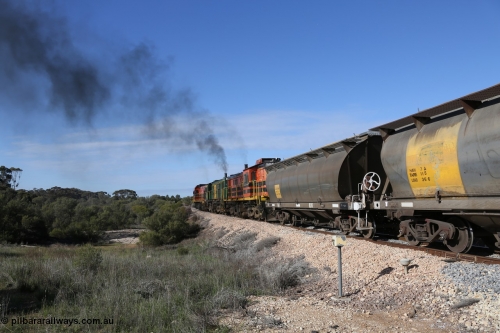 130704 0450
Kyancutta, as the train powers away south some examples of the SAR built HAN type of bogie grain waggons lead the front of the rake, sixty eight units were built by South Australian Railways Islington Workshops between 1969 and 1973 for the Eyre Peninsula system. 4th July 2013.
Keywords: HAN-type;HAN54;1969-73/68-54;SAR-Islington-WS;