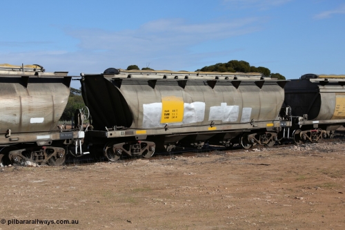 130704 0468
Kyancutta, HAN type bogie grain hopper waggon HAN 66, one of sixty eight units built by South Australian Railways Islington Workshops between 1969 and 1973 as the HAN type for the Eyre Peninsula system.
Keywords: HAN-type;HAN66;1969-73/68-66;SAR-Islington-WS;