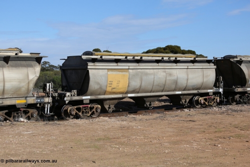 130704 0469
Kyancutta, HCN type leader bogie grain hopper waggon HCN 1, originally an NHB type hopper built by Tulloch Ltd for the Commonwealth Railways North Australia Railway. One of forty rebuilt by Islington Workshops 1978-79 to the HCN type with a 36 ton rating, increased to 40 tonnes in 1984. Seen here loaded with grain with a Moose Metalworks roll-top cover.
Keywords: HCN-type;HCN1;SAR-Islington-WS;rebuild;Tulloch-Ltd-NSW;NHB-type;NHB1574;