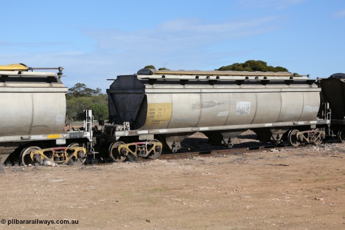 130704 0473
Kyancutta, HCN type bogie grain hopper waggon HCN 30, originally an NHB type hopper built by Tulloch Ltd for the Commonwealth Railways North Australia Railway. One of forty rebuilt by Islington Workshops 1978-79 to the HCN type with a 36 ton rating, increased to 40 tonnes in 1984. Seen here loaded with grain with a Moose Metalworks roll-top cover.
Keywords: HCN-type;HCN30;SAR-Islington-WS;rebuild;Tulloch-Ltd-NSW;NHB-type;NHB1593;