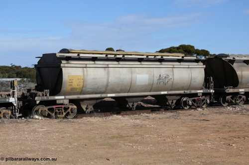 130704 0476
Kyancutta, HCN type bogie grain hopper waggon HCN 32, originally an NHB type hopper built by Tulloch Ltd for the Commonwealth Railways North Australia Railway. One of forty rebuilt by Islington Workshops 1978-79 to the HCN type with a 36 ton rating, increased to 40 tonnes in 1984. Seen here loaded with grain with a Moose Metalworks roll-top cover.
Keywords: HCN-type;HCN32;SAR-Islington-WS;rebuild;Tulloch-Ltd-NSW;NHB-type;NHB1019;