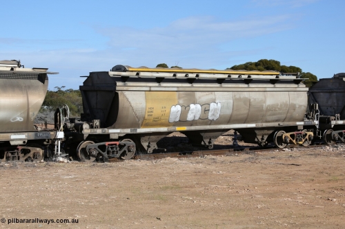 130704 0478
Kyancutta, HCN type bogie grain hopper waggon HCN 8, originally an NHB type hopper built by Tulloch Ltd for the Commonwealth Railways North Australia Railway. One of forty rebuilt by Islington Workshops 1978-79 to the HCN type with a 36 ton rating, increased to 40 tonnes in 1984. Seen here loaded with grain with a Moose Metalworks roll-top cover.
Keywords: HCN-type;HCN8;SAR-Islington-WS;rebuild;Tulloch-Ltd-NSW;NHB-type;NHB1571;