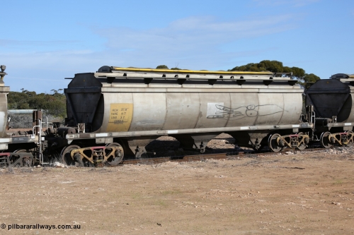 130704 0480
Kyancutta, HCN type bogie grain hopper waggon HCN 21, originally an NHB type hopper built by Tulloch Ltd for the Commonwealth Railways North Australia Railway. One of forty rebuilt by Islington Workshops 1978-79 to the HCN type with a 36 ton rating, increased to 40 tonnes in 1984. Seen here loaded with grain with a Moose Metalworks roll-top cover.
Keywords: HCN-type;HCN21;SAR-Islington-WS;rebuild;Tulloch-Ltd-NSW;NHB-type;NHB1572;