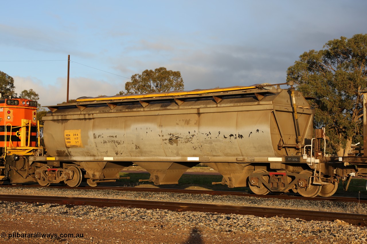 130705 0524
Lock, HCN type bogie grain hopper waggon HCN 39, originally an NHB type hopper NHB 1573 built by Tulloch Ltd for the Commonwealth Railways North Australia Railway. One of forty rebuilt by Islington Workshops 1978-79 to the HCN type with a 36 ton rating, increased to 40 tonnes in 1984. Fitted with a Moose Metalworks roll-top cover. 5th July 2013.
Keywords: HCN-type;HCN39;SAR-Islington-WS;rebuild;Tulloch-Ltd-NSW;NHB-type;NHB1573;
