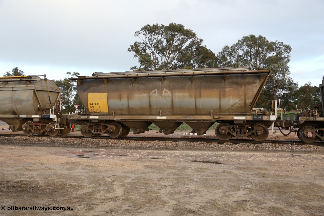 130705 0557
Lock, HAN type bogie grain hopper waggon HAN 18, one of sixty eight units built by South Australian Railways Islington Workshops between 1969 and 1973 as the HAN type for the Eyre Peninsula system. 5th July 2013.
Keywords: HAN-type;HAN18;1969-73/68-18;SAR-Islington-WS;
