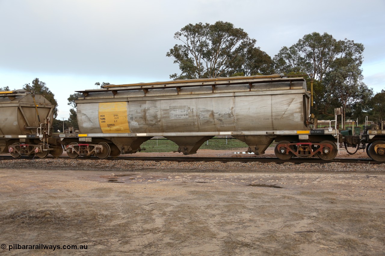 130705 0559
Lock, HCN type bogie grain hopper waggon HCN 26, originally an NHB type hopper NHB 1578 built by Tulloch Ltd for the Commonwealth Railways North Australia Railway. One of forty rebuilt by Islington Workshops 1978-79 to the HCN type with a 36 ton rating, increased to 40 tonnes in 1984. Fitted with a Moose Metalworks roll-top cover. 5th July 2013.
Keywords: HCN-type;HCN26;SAR-Islington-WS;rebuild;Tulloch-Ltd-NSW;NHB-type;NHB1578;