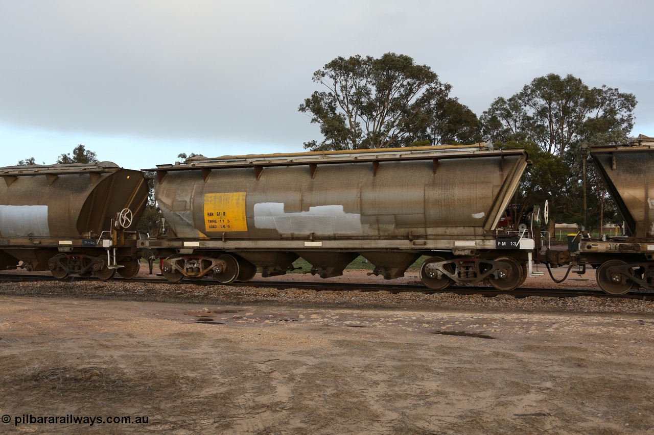 130705 0569
Lock, HAN type bogie grain hopper waggon HAN 61, one of sixty eight units built by South Australian Railways Islington Workshops between 1969 and 1973 as the HAN type for the Eyre Peninsula system. 5th July 2013.
Keywords: HAN-type;HAN61;1969-73/68-61;SAR-Islington-WS;