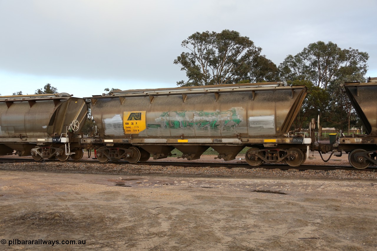 130705 0570
Lock, HAN type bogie grain hopper waggon HAN 36, one of sixty eight units built by South Australian Railways Islington Workshops between 1969 and 1973 as the HAN type for the Eyre Peninsula system. 5th July 2013.
Keywords: HAN-type;HAN36;1969-73/68-36;SAR-Islington-WS;