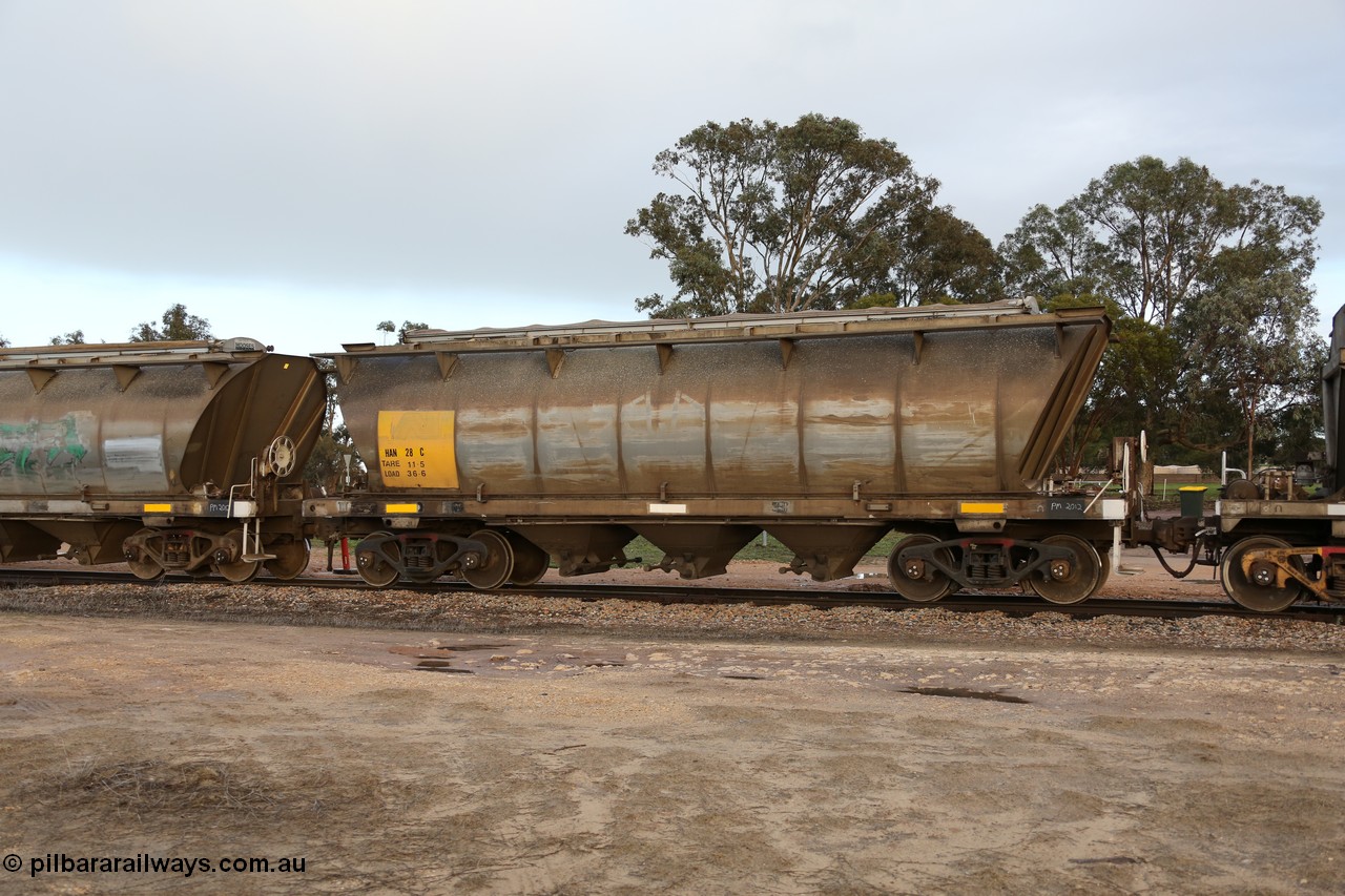 130705 0571
Lock, HAN type bogie grain hopper waggon HAN 28, one of sixty eight units built by South Australian Railways Islington Workshops between 1969 and 1973 as the HAN type for the Eyre Peninsula system. 5th July 2013.
Keywords: HAN-type;HAN28;1969-73/68-28;SAR-Islington-WS;
