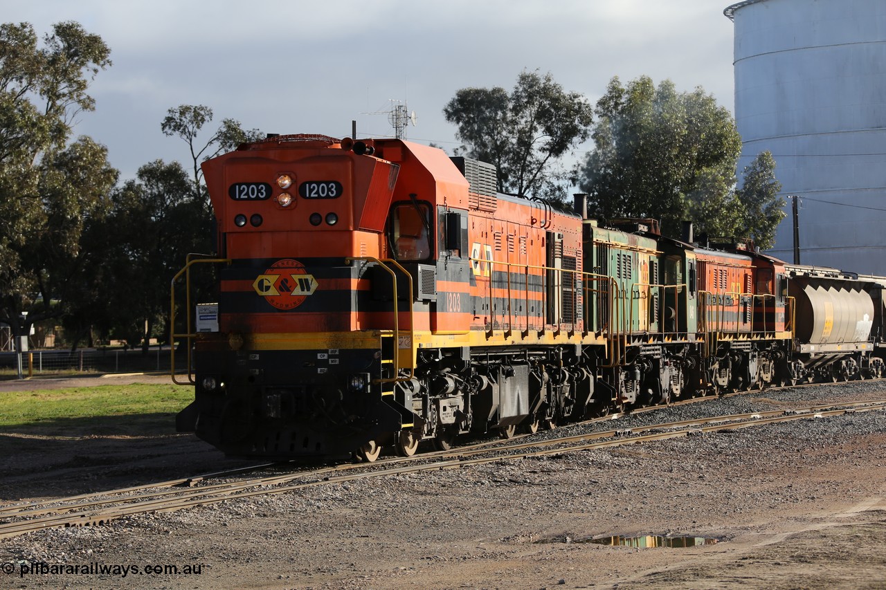 130705 0618
Lock, with loading finished, 1203 leads 846, 859 and the final portion along goods siding #1 as it prepares to shunt back onto the loaded portion on the mainline for departure to Port Lincoln.
Keywords: 1200-class;1203;Clyde-Engineering-Granville-NSW;EMD;G12C;65-427;A-class;A1513;