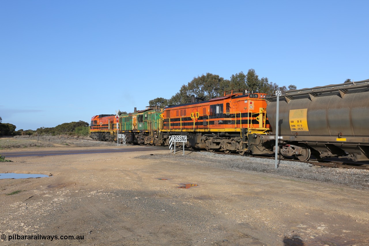 130705 0625
Lock, with loading finished, 1203 leads 846, 859 and the final portion out along the mainline out of goods siding #1 as it prepares to shunt back onto the loaded portion on the mainline for departure to Port Lincoln.
Keywords: 830-class;859;AE-Goodwin;ALCo;DL531;84137;