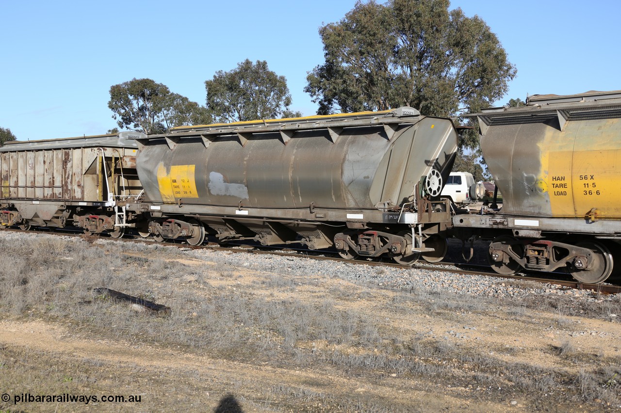 130705 0644
Lock, HAN type bogie grain hopper waggon HAN 12, one of sixty eight units built by South Australian Railways Islington Workshops between 1969 and 1973 as the HAN type for the Eyre Peninsula system.
Keywords: HAN-type;HAN12;1969-73/68-12;SAR-Islington-WS;