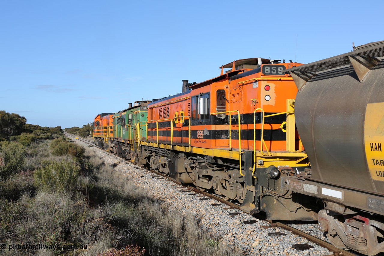 130705 0659
Lock, 1203, 846 and 859 depart along the mainline for Port Lincoln with the loaded grain train.
