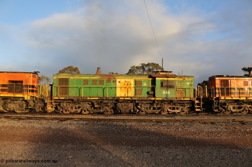 130705 0520
Lock, former Australian National narrow gauge 830 class locomotive 846, an AE Goodwin built ALCo DL531 model with serial 84715 built new for the SAR in 1963 and delivered to Adelaide Division on broad gauge, transferred to Tasmania on narrow gauge in 1982, then back to SA on standard gauge in 1989 and then Whyalla in 2008 on narrow gauge. In 2012 is was delivered to Port Lincoln, the last loco delivered to the Eyre Peninsula and wearing Genesee & Wyoming decals on former AN livery. 5th July 2013.
Keywords: 830-class;846;AE-Goodwin;ALCo;DL531;84715;