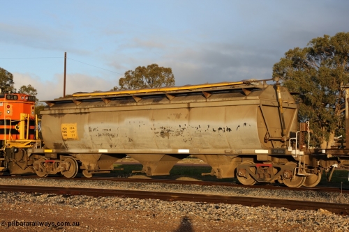 130705 0524
Lock, HCN type bogie grain hopper waggon HCN 39, originally an NHB type hopper NHB 1573 built by Tulloch Ltd for the Commonwealth Railways North Australia Railway. One of forty rebuilt by Islington Workshops 1978-79 to the HCN type with a 36 ton rating, increased to 40 tonnes in 1984. Fitted with a Moose Metalworks roll-top cover. 5th July 2013.
Keywords: HCN-type;HCN39;SAR-Islington-WS;rebuild;Tulloch-Ltd-NSW;NHB-type;NHB1573;