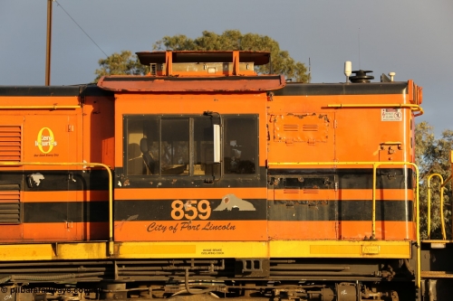 130705 0531
Lock, cab view of Genesee & Wyoming locomotive AE Goodwin ALCo model DL531 unit 859 'City of Port Lincoln' serial 84705, built in 1963, 859 started life at Peterborough, spent some years in Tasmania and even spent time in Perth on standard gauge in 2002 before being repainted and transferred to the Eyre Peninsula system in 2003. 5ht of July 2013.
Keywords: 830-class;859;AE-Goodwin;ALCo;DL531;84705;