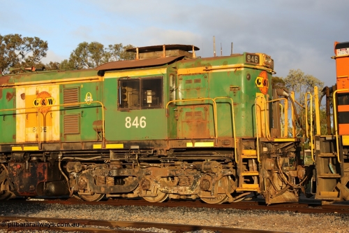 130705 0533
Lock, cab view of former Australian National narrow gauge 830 class locomotive 846, an AE Goodwin built ALCo DL531 model with serial 84715 built new for the SAR in 1963 and delivered to Adelaide Division on broad gauge, transferred to Tasmania on narrow gauge in 1982, then back to SA on standard gauge in 1989 and then Whyalla in 2008 on narrow gauge. In 2012 is was delivered to Port Lincoln, the last loco delivered to the Eyre Peninsula and wearing Genesee & Wyoming decals on former AN livery. 5th July 2013.
Keywords: 830-class;859;AE-Goodwin;ALCo;DL531;84705;