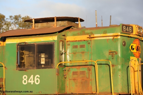 130705 0534
Lock, cab and roof view of former Australian National narrow gauge 830 class locomotive 846, an AE Goodwin built ALCo DL531 model with serial 84715 built new for the SAR in 1963 and delivered to Adelaide Division on broad gauge, transferred to Tasmania on narrow gauge in 1982, then back to SA on standard gauge in 1989 and then Whyalla in 2008 on narrow gauge. In 2012 is was delivered to Port Lincoln, the last loco delivered to the Eyre Peninsula and wearing Genesee & Wyoming decals on former AN livery. 5th July 2013.
Keywords: 830-class;859;AE-Goodwin;ALCo;DL531;84705;