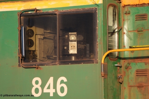 130705 0535
Lock, cab view through windows of former Australian National narrow gauge 830 class locomotive 846, an AE Goodwin built ALCo DL531 model with serial 84715 built new for the SAR in 1963 and delivered to Adelaide Division on broad gauge, transferred to Tasmania on narrow gauge in 1982, then back to SA on standard gauge in 1989 and then Whyalla in 2008 on narrow gauge. In 2012 is was delivered to Port Lincoln, the last loco delivered to the Eyre Peninsula. 5th July 2013.
Keywords: 830-class;859;AE-Goodwin;ALCo;DL531;84705;