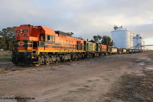 130705 0537
Lock, grain train loading in progress with the Viterra fast flow auger in the distance, the train with 1203, 846 and 859 is about to split and shunt half the consist onto the mainline. 5th of July 2013.
Keywords: 1200-class;1203;Clyde-Engineering-Granville-NSW;EMD;G12C;65-427;A-class;A1513;