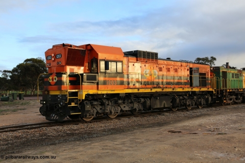 130705 0550
Lock, Genesee & Wyoming 1200 class unit 1203, a Clyde Engineering EMD model G12C serial 65-427, one of fourteen originally built between 1960-65 for WAGR as their A class A 1513, fitted with dynamic brakes and financed by Western Mining Corporation, started working on the Eyre Peninsula in November 2004.
Keywords: 1200-class;1203;Clyde-Engineering-Granville-NSW;EMD;G12C;65-427;A-class;A1513;