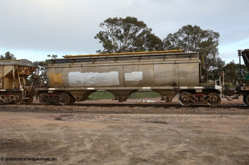 130705 0556
Lock, HCN type bogie grain hopper waggon HCN 20, originally an NHB type hopper NHB 1594 built by Tulloch Ltd for the Commonwealth Railways North Australia Railway. One of forty rebuilt by Islington Workshops 1978-79 to the HCN type with a 36 ton rating, increased to 40 tonnes in 1984. Fitted with a Moose Metalworks roll-top cover. July 5, 2013.
Keywords: HCN-type;HCN20;SAR-Islington-WS;rebuild;Tulloch-Ltd-NSW;NHB-type;NHB1594;
