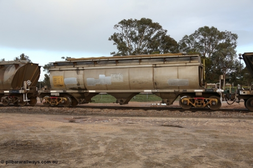 130705 0566
Lock, HCN type bogie grain hopper waggon HCN 27, originally an NHB type hopper NHB 1598 built by Tulloch Ltd for the Commonwealth Railways North Australia Railway. One of forty rebuilt by Islington Workshops 1978-79 to the HCN type with a 36 ton rating, increased to 40 tonnes in 1984. Fitted with a Moose Metalworks roll-top cover. 5th July 2013.
Keywords: HCN-type;HCN27;SAR-Islington-WS;rebuild;Tulloch-Ltd-NSW;NHB-type;NHB1598;