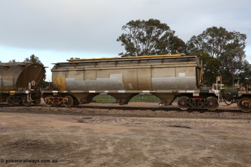 130705 0572
Lock, HCN type bogie grain hopper waggon HCN 19, originally an NHB type hopper NHB 1026 built by Tulloch Ltd for the Commonwealth Railways North Australia Railway. One of forty rebuilt by Islington Workshops 1978-79 to the HCN type with a 36 ton rating, increased to 40 tonnes in 1984. Fitted with a Moose Metalworks roll-top cover. 5th July 2013.
Keywords: HCN-type;HCN19;SAR-Islington-WS;rebuild;Tulloch-Ltd-NSW;NHB-type;NHB1026;