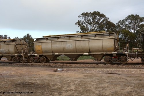 130705 0574
Lock, HCN type bogie grain hopper waggon HCN 34, originally an NHB type hopper NHB 1009 built by Tulloch Ltd for the Commonwealth Railways North Australia Railway. One of forty rebuilt by Islington Workshops 1978-79 to the HCN type with a 36 ton rating, increased to 40 tonnes in 1984. Fitted with a Moose Metalworks roll-top cover. 5th July 2013.
Keywords: HCN-type;HCN34;SAR-Islington-WS;rebuild;Tulloch-Ltd-NSW;NHB-type;NHB1009;