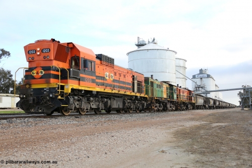 130705 0582
Lock, located at the 148.5 km and originally named Terre when opened in May 1913, later renamed to Lock in December 1921. From the left background is the Ascom silo complex (Block 5), then blocks 2, 1 and 3, the train is on the mainline with the horizontal bunker (Block 4) on the right. 5th of July 2013.
Keywords: 1200-class;1203;Clyde-Engineering-Granville-NSW;EMD;G12C;65-427;A-class;A1513;