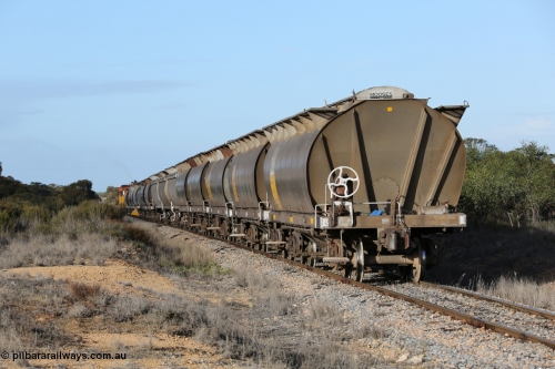 130705 0630
Lock, the final loaded portion shunts up the mainline before rejoining the first portion sitting on the mainline in the yard, HAN type bogie grain hopper waggon HAN 38, one of sixty eight units built by South Australian Railways Islington Workshops between 1969 and 1973 as the HAN type for the Eyre Peninsula system.
Keywords: HAN-type;HAN38;1969-73/68-38;SAR-Islington-WS;