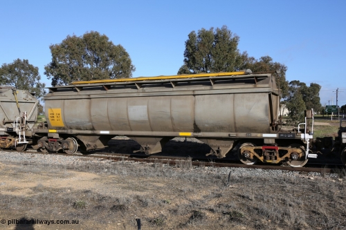 130705 0637
Lock, HCN type bogie grain hopper waggon HCN 11, originally an NHB type hopper built by Tulloch Ltd for the Commonwealth Railways North Australia Railway. One of forty rebuilt by Islington Workshops 1978-79 to the HCN type with a 36 ton rating, increased to 40 tonnes in 1984. Seen here loaded with grain with a Moose Metalworks roll-top cover.
Keywords: HCN-type;HCN11;SAR-Islington-WS;rebuild;Tulloch-Ltd-NSW;NHB-type;NHB1007;