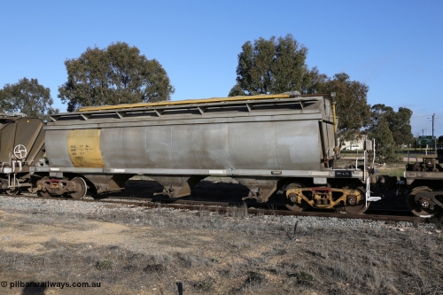 130705 0638
Lock, HCN type bogie grain hopper waggon HCN 12, originally an NHB type hopper built by Tulloch Ltd for the Commonwealth Railways North Australia Railway. One of forty rebuilt by Islington Workshops 1978-79 to the HCN type with a 36 ton rating, increased to 40 tonnes in 1984. Seen here loaded with grain with a Moose Metalworks roll-top cover.
Keywords: HCN-type;HCN12;SAR-Islington-WS;rebuild;Tulloch-Ltd-NSW;NHB-type;NHB1591;