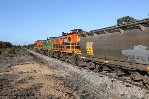 130705 0654
Lock, 1203, 846 and 859 shunt back into the yard with the second loaded portion, HAN type bogie grain hopper waggon HAN 59, one of sixty eight units built by South Australian Railways Islington Workshops between 1969 and 1973 as the HAN type for the Eyre Peninsula system.
