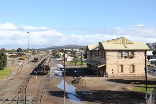 130706 0674
Port Lincoln, looking in the down direction from the London Street overbridge at the yard environs with the station at right which was Eyre Peninsula 'head offices'. 6th of July 2013.
