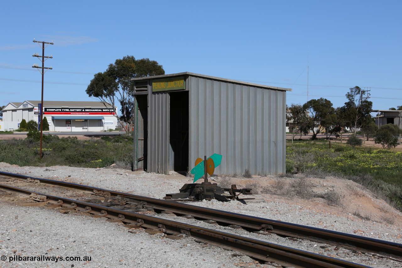130708 0710
Penong Junction, location opened in February 1966, located at the 429.7 km, looking at the Mallee shelter shed - combined train control room, junction points and point indicator.
