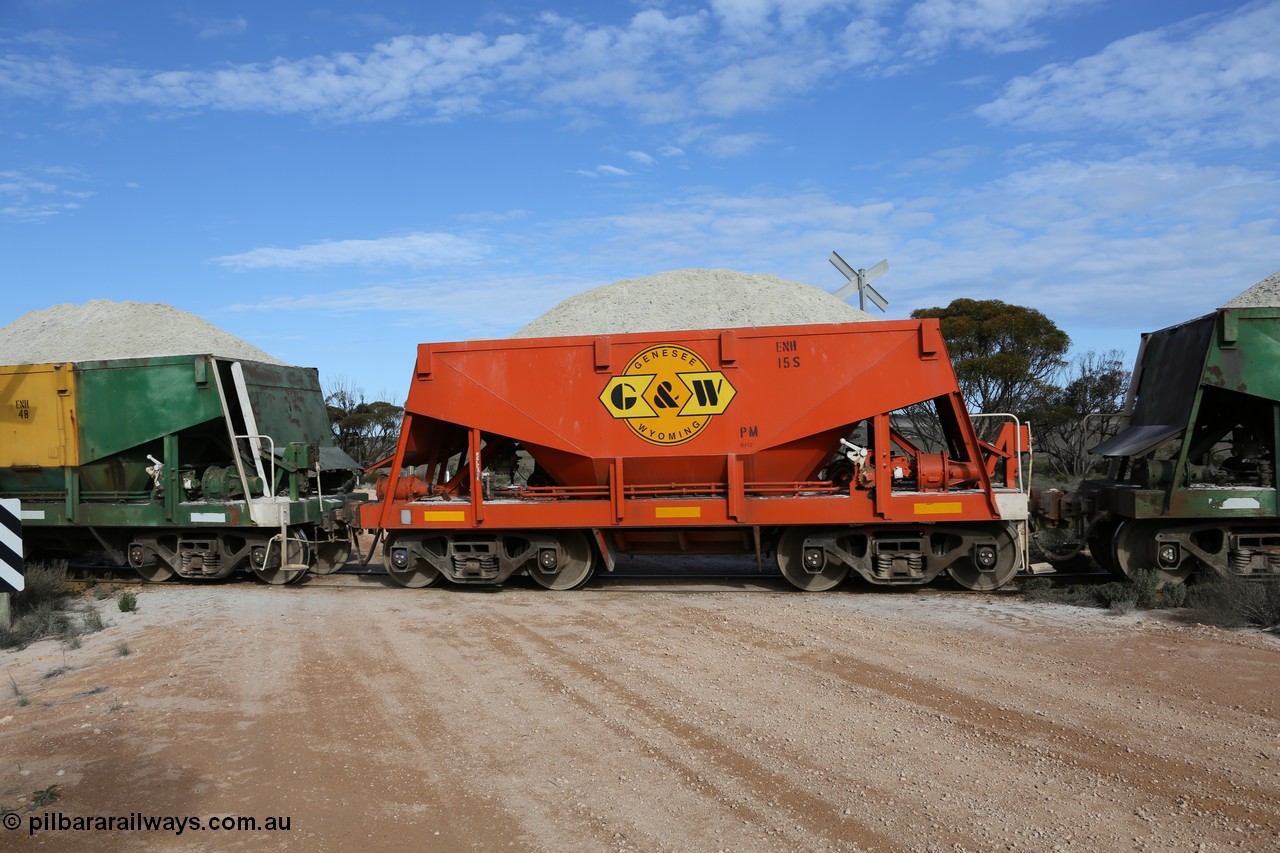 130708 0759
Charra, originally an Kinki Sharyo built NH type for the NAR now coded ENH type ENH 15, in GWA corporate orange livery of owner Genesee & Wyoming Australia, without hungry boards loaded with gypsum, [url=https://goo.gl/maps/fnkK0]Charoban Rd grade crossing, 477.8 km[/url].
Keywords: ENH-type;ENH15;Kinki-Sharyo-Japan;NH-type;NH915;