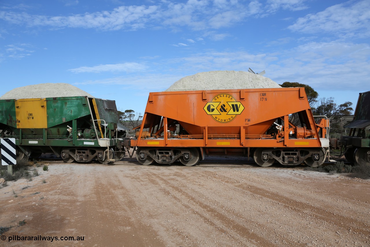 130708 0766
Charra, originally an Kinki Sharyo built NH type for the NAR now coded ENH type ENH 17, in GWA corporate orange livery of owner Genesee & Wyoming Australia, without hungry boards loaded with gypsum, [url=https://goo.gl/maps/fnkK0]Charoban Rd grade crossing, 477.8 km[/url].
Keywords: ENH-type;ENH17;Kinki-Sharyo-Japan;NH-type;NH917;