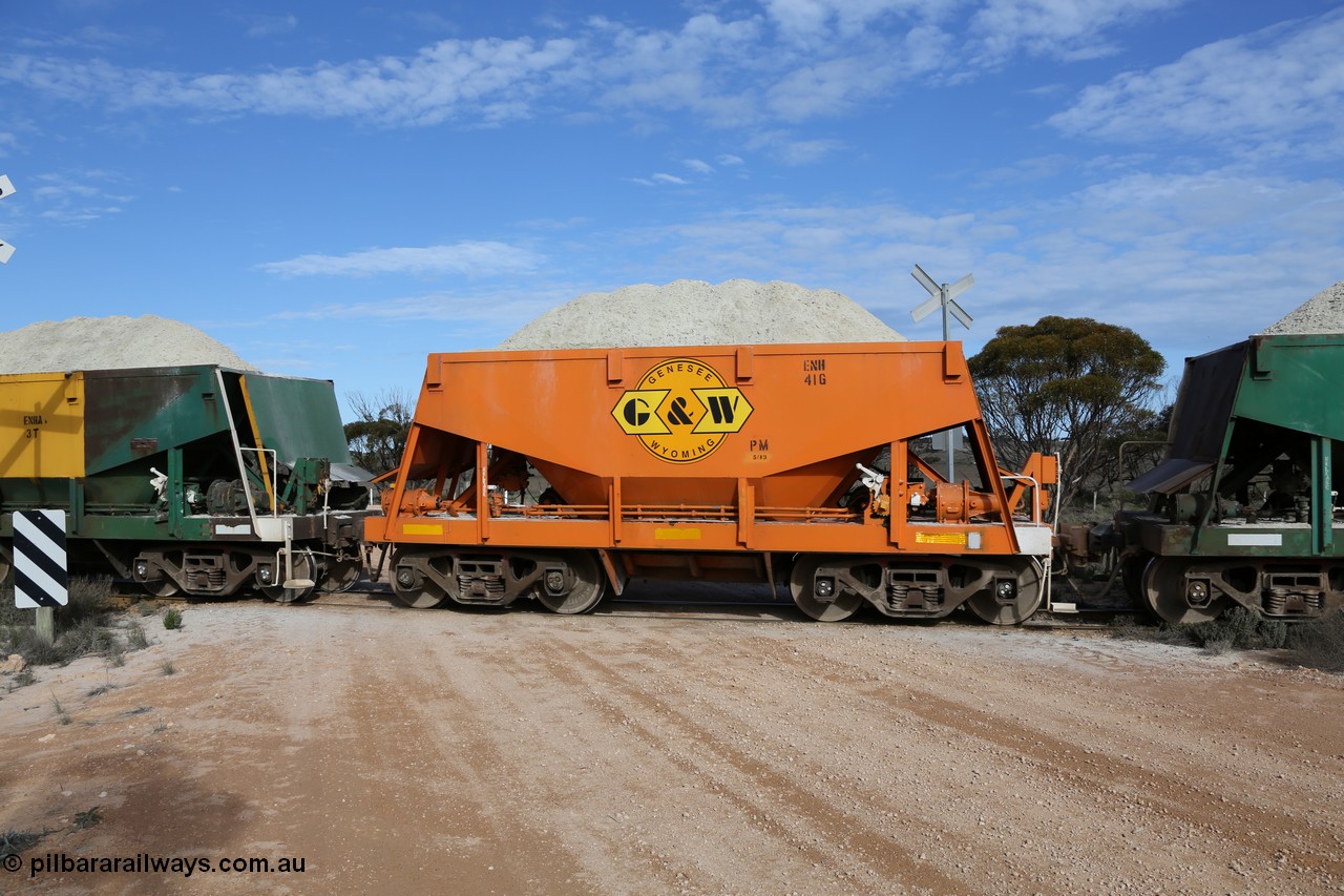 130708 0771
Charra, originally an Kinki Sharyo built NH type for the NAR now coded ENH type ENH 41, in GWA corporate orange livery of owner Genesee & Wyoming Australia, without hungry boards loaded with gypsum, [url=https://goo.gl/maps/fnkK0]Charoban Rd grade crossing, 477.8 km[/url].
Keywords: ENH-type;ENH41;Kinki-Sharyo-Japan;NH-type;NH941;