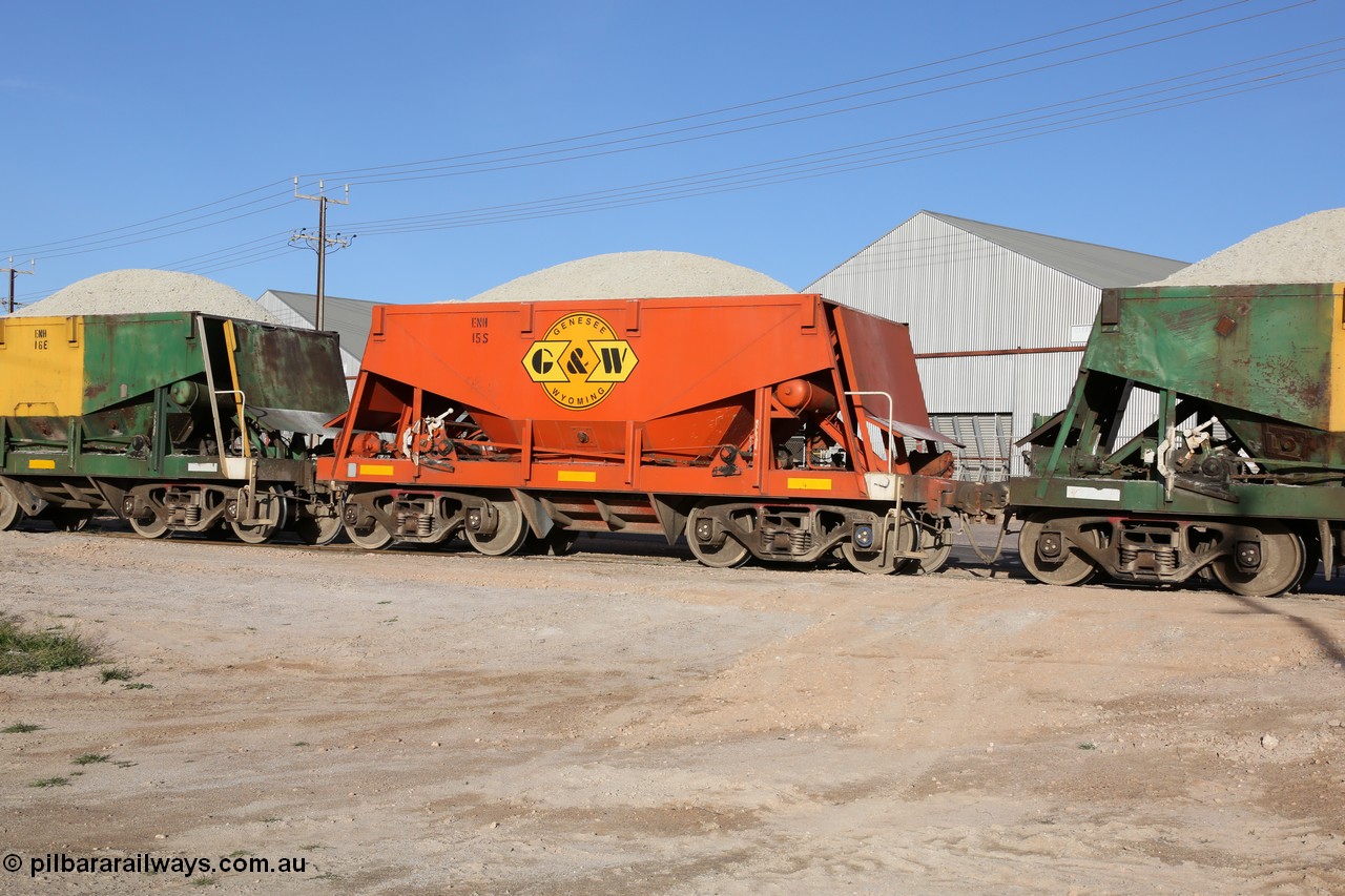 130708 0915
Thevenard originally an Kinki Sharyo built NH type for the NAR now coded ENH type ENH 15 in GWA corporate orange livery of owner Genesee & Wyoming Australia, without hungry boards loaded with gypsum crossing [url=https://goo.gl/maps/dgQdX]Bergmann Drive grade crossing, 434.2 km[/url].
Keywords: ENH-type;ENH15;Kinki-Sharyo-Japan;NH-type;NH915;