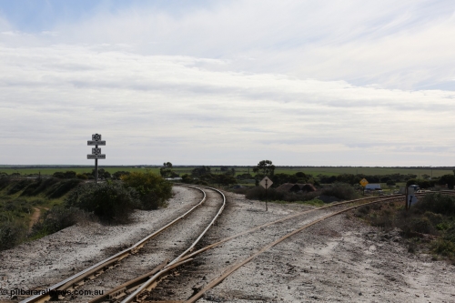130708 0708
Penong Junction, location opened in February 1966, located at the 429.7 km, looking north, line curving to the left is the Kevin - Penong line, while the Port Lincoln line curves to the right.
