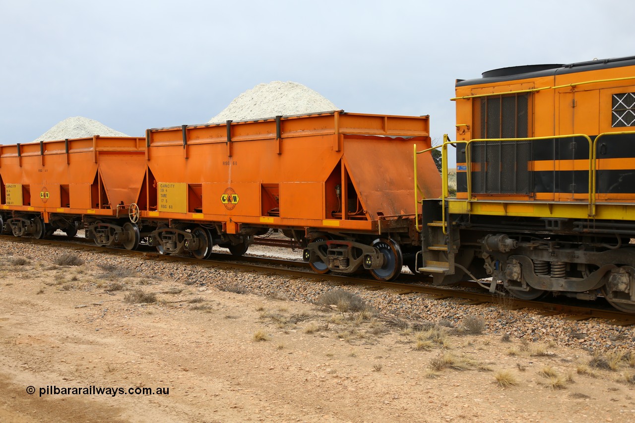 161109 1898
Moule, former BHP RSK type iron ore waggon, modified by G&W Port Lincoln to cart gypsum and coded RSG type, RSG 6, fitted with hungry boards and loaded with gypsum.
Keywords: RSG-type;RSG6;RSK-type;