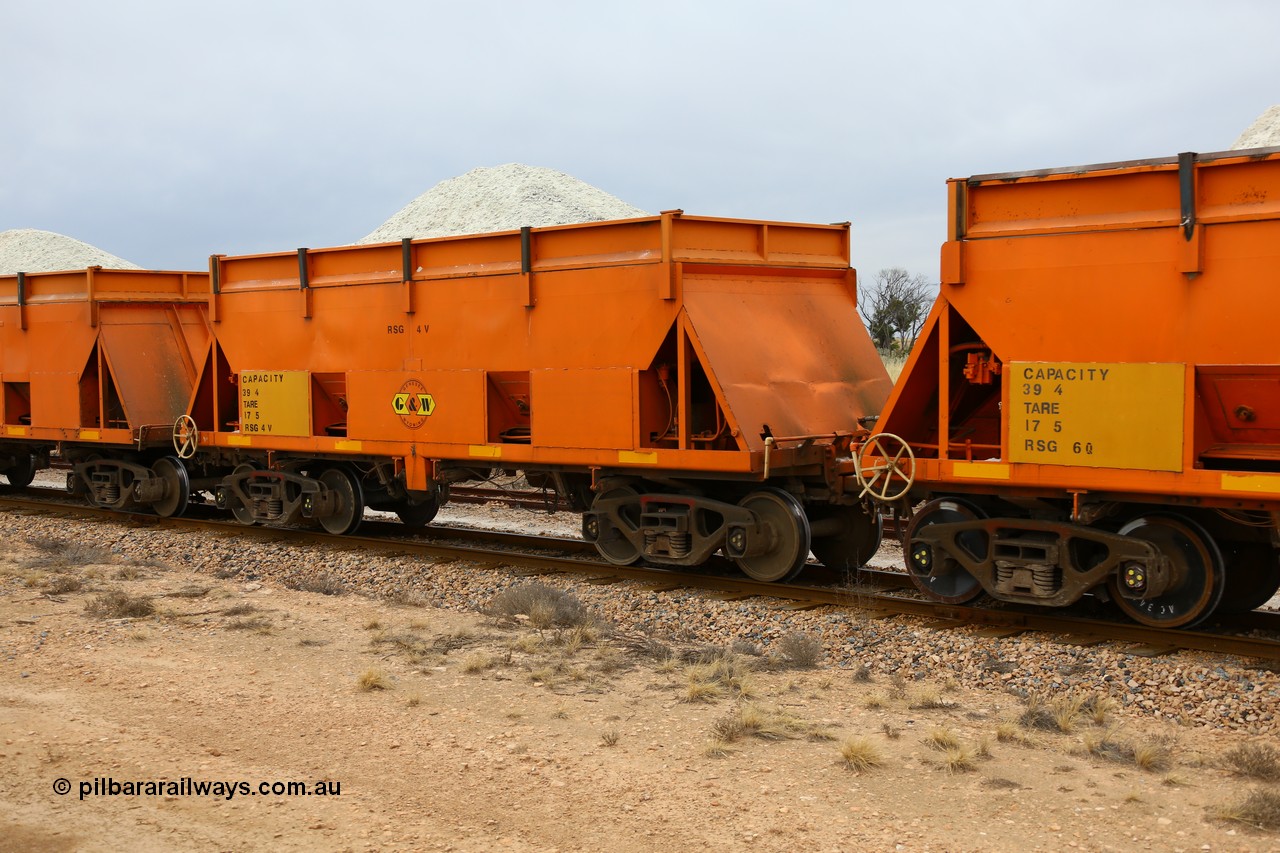 161109 1899
Moule, former BHP RSK type iron ore waggon, modified by G&W Port Lincoln to cart gypsum and coded RSG type, RSG 4, fitted with hungry boards and loaded with gypsum.
Keywords: RSG-type;RSG4;RSK-type;