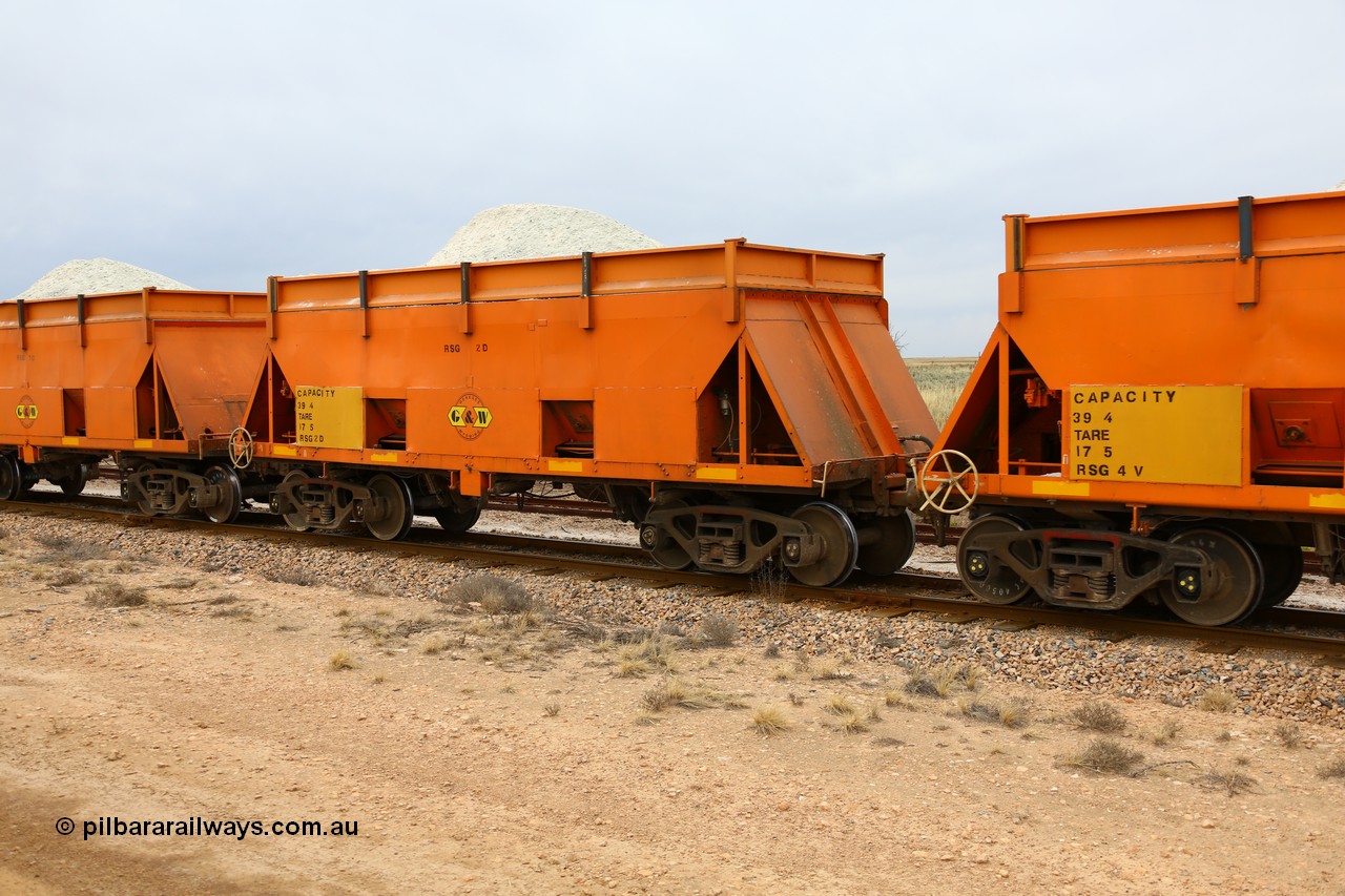 161109 1900
Moule, former BHP RSK type iron ore waggon, modified by G&W Port Lincoln to cart gypsum and coded RSG type, RSG 2, note the riveted body, fitted with hungry boards and loaded with gypsum.
Keywords: RSG-type;RSG2;RSK-type;